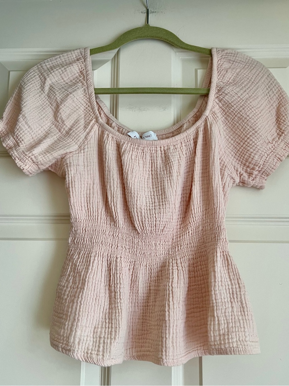 Pink Rose Soft Pink Waffle Textured Puff-Sleeve Top L